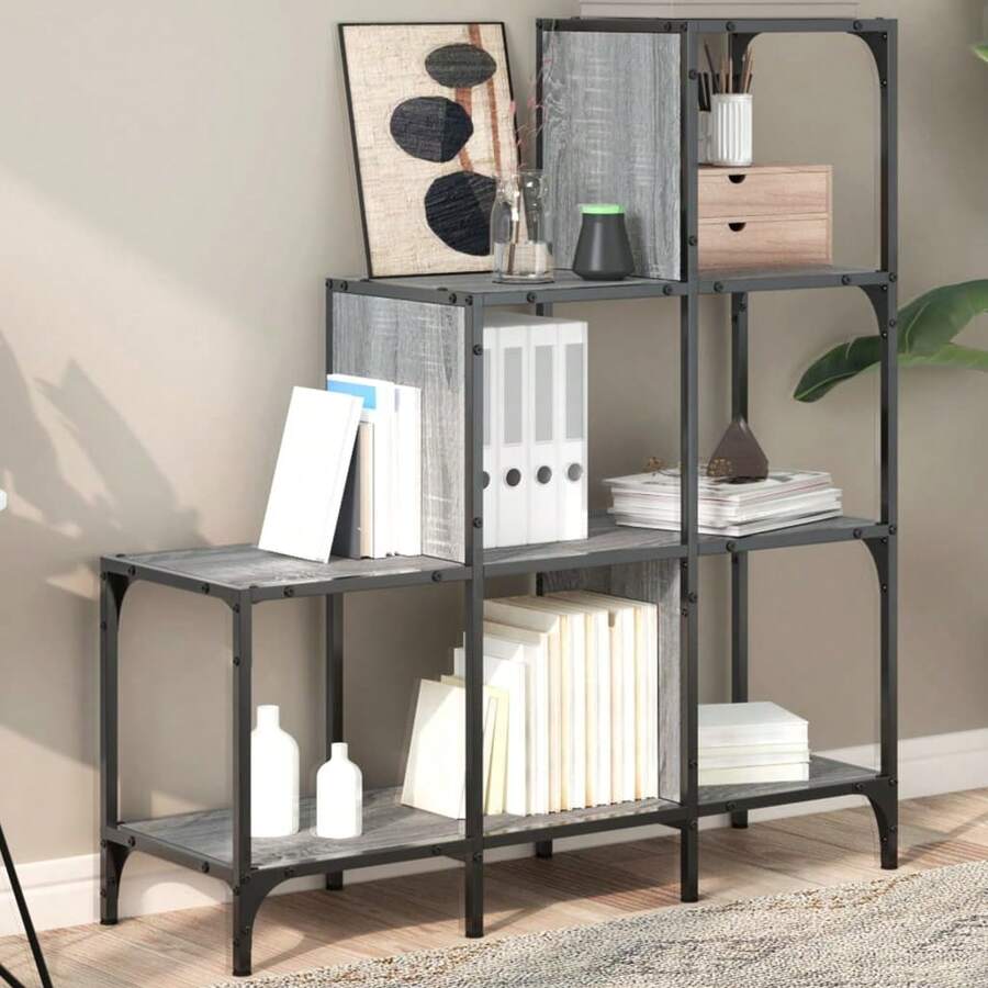 Larryhot Estantería madera ingeniería y metal gris Sonoma 92x30x102 cm, Fácil de montar, elegante y hermoso, y conveniente para almacenar artículos, es una opción ideal para el almacenamiento y la decoración del hogar. - Gris - Ver 1