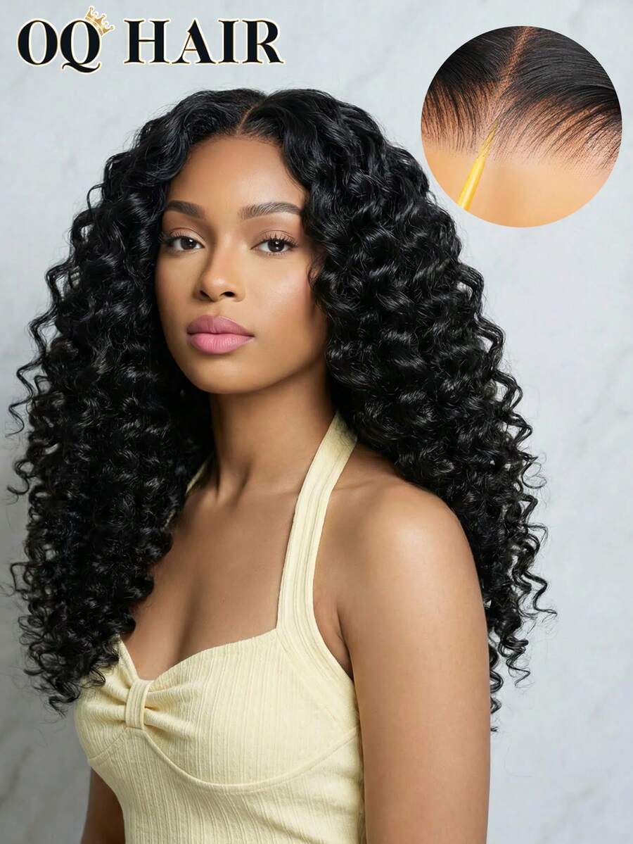 OQ 180% Density Deep Wave Curly 7x5 Inch Full Human Hair Frontal Wig 16-30 Inch Bleached Knots Transparent Lace Easy To Wear Voluminous Pre-Cut Pre-Trimmed Hairline Natural Human Hair Color - SNatural - View 1