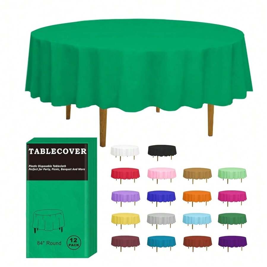 Plastic Table Cloth Disposable, 12 Pack Green Round Tablecloth Individually Wrapped For Indoor&Outdoor, 84 Inch Table Cover For Party, Picnic, Birthday, Wedding & Dinner - Green - View 1