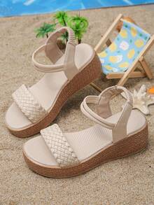 1双女童夏季凉鞋，尺码偏小一码，时尚编织套脚鞋，简约设计，舒适厚底，轻便易携，适合户外穿着 - 香檳色 - 查看 6