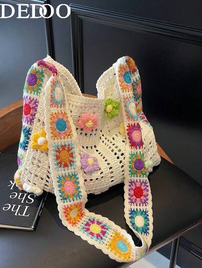 Dedoo Bolso de hombro/tote de estilo bohemio vintage con diseño floral hueco y contraste de colores para playa/compras (color/patrón de flor aleatorio), ropa de mujer de estilo bohemio