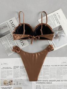 Women's Flat Chest Solid Color Steel Support Bikini Two Pieces Set With Small Lace On The Chest And Pants Sides For Vacation Swimming - Coffee Brown - View 3