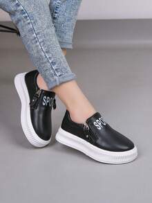 婴幼儿时尚平底鞋，简约新款拉链儿童低帮休闲鞋 - 黑色 - 查看 4