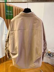 Women's Loose Fit Vintage Non-Stretch Shirt, Blouse, Top, Suitable For Spring, Summer, Autumn, Winter, Khaki, Chestnut, Solid Color, Front Button, Pocket, Pleated Edge, Frill Trim, Patchwork, Long Sleeve, Turn-Down Collar, Casual, Simple, Travel, Vacation, Elegant, Versatile - Khaki - View 3
