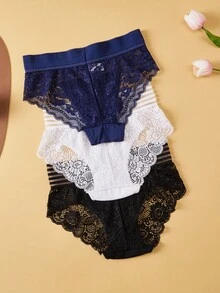 3 Pcs Ladies Semi Transparent High Waisted Panties Women's Sexy Lace Triangles - Multicolor - View 2