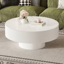 MERAX Elegant Easy Assembly Round Coffee Table With 6.8" Thick Tabletop, Modern Drum End Table, Minimalist Fluted Center Table With Sturdy Base For Living Room, White, 35.4"W*16.7"H - 白色 - 查看 1