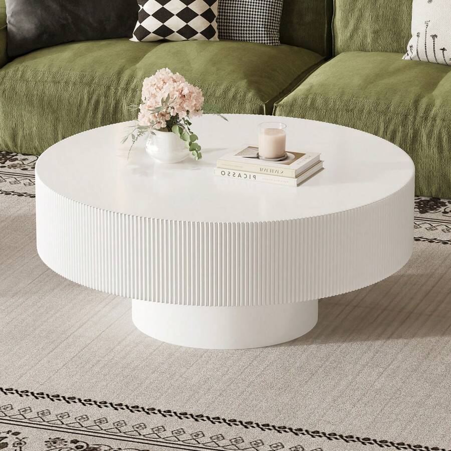 MERAX Elegant Easy Assembly Round Coffee Table With 6.8" Thick Tabletop, Modern Drum End Table, Minimalist Fluted Center Table With Sturdy Base For Living Room, White, 35.4"W*16.7"H - 白色 - 查看 1