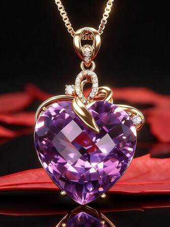 1pc Luxury Heart-Shaped Purple Crystal Pendant, Synthetic Gemstone Jewelry, Gentle Surprise Gift For Female Friends On Valentine's Day, Birthday Present