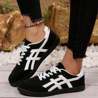 Zapatillas deportivas casuales cómodas con cordones y bloques de color, suela blanda y transpirable para ejercicio al aire libre