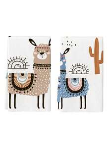 Bộ 2 khăn lau bếp họa tiết trang trại động vật, hình vẽ hoạt hình lạc đà, cừu và bò bằng màu nước, phong cách nhà nông thôn, thích hợp để rửa chén, lau tay, lau trà, sử dụng trong nhà bếp, phòng ăn và trên bàn. - trắng - Xem 6