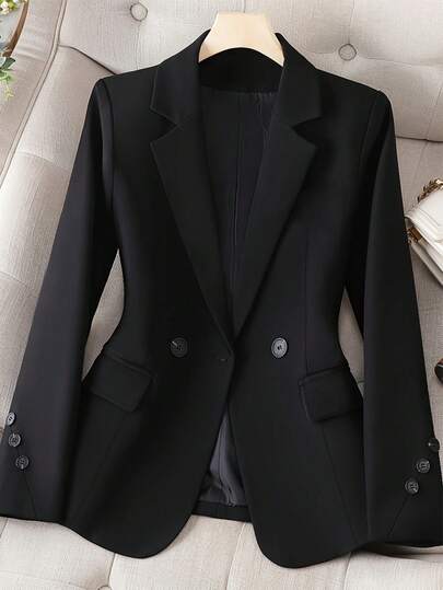 1件女士纯色梭织面料口袋纽扣双排扣休闲办公外套，秋冬季黑色