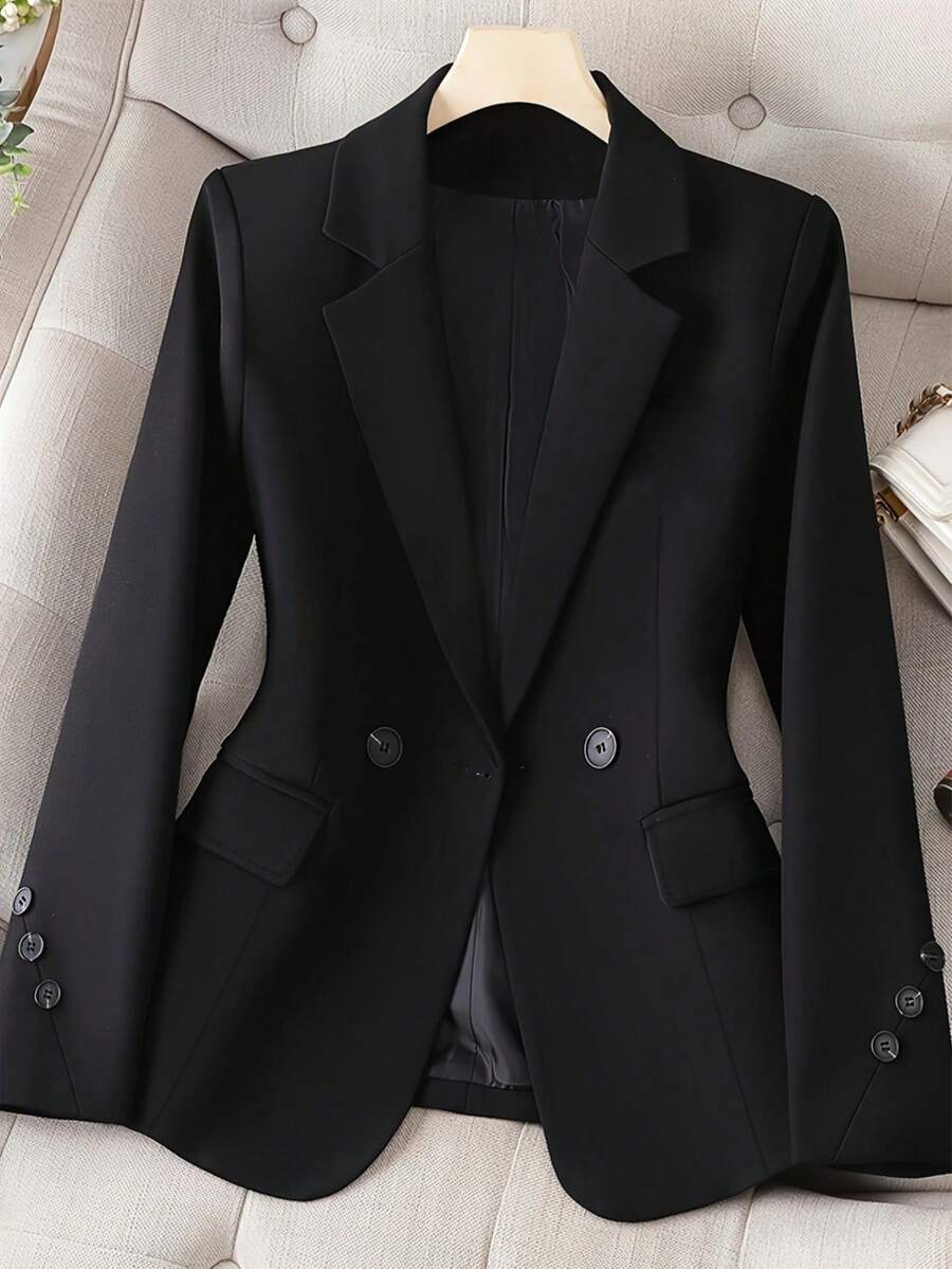 女士休闲/办公外套，黑色梭织面料，翻领，装饰口袋，双排扣，适合秋季穿着 - 黑色 - 查看 1