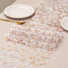 1 Roll Gold Star Sequin Tablecloth, 11x108 Inches, Polyester Material - No Assembly Required, Shiny White Background With Gold Stars, Suitable For Birthday Party, Wedding, Banquet Decoration, Celebration Events, Elegant Dining Table Setting, Machine-Made Fabric, Luxurious High-Quality Sequins, Home Decor - Multicolor - View 10