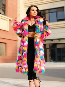 FHILLINUO Plus Size Women Fashion Lapel Collar Color Block Mid-Length Fluffy Coat, Suitable For Daily Street, Travel, Tea Party, Airport, Autumn/Winter Vacation - Nhiều màu - Xem 7