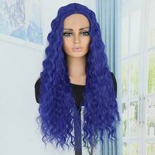 Blue Curly Lace Front Wigs Blue Lace Wig Glueless Hair Long Deep Wave Synthetic Lace Front Wig Pre-Plucked Hairline Red Wigs For Women - 藍色 - 查看 6