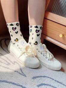 6双装女士豹纹爱心图案中筒袜，时尚简约休闲独特复古街头风，适合日常穿着 - 彩色 - 查看 2