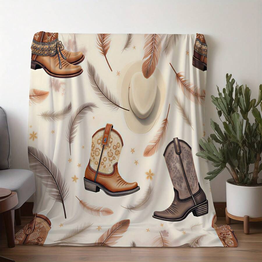 Retro Western Cowboy Theme, Cowboy Boots, Cowboy Hats, Cacti, Feather Design Patterns, Modern Home Style,Super Soft Flannel Printed  Blanket,As Birthday Gifts, Family, Wedding, Souvenir Blankets, Polyester Blankets Suitable For All Seasons, Washable, Machine Washable, Lightweight, Breathable, Comfortable, Warm, Unique, 280gsm For Him, Her Personalized Ideal Gifts For Her, Him, Family, Boyfriend, Girlfriend, Father, Family, Mother, Lover, Daughter, Son, Grandfather, Grandmother, Teacher,Doctor, Nurse,Friend, Classmate, Pet.Perfect Nap, Camping, Travel, Home, Daily Life, Office Decoration, Birthday, Anniversary, Valentine's Day, Thanksgiving, Graduation Season,Christmas, Halloween, Mother's Day, Father's Day, Wedding, New Year Gifts ,Sofa,Bed,Car,Bedroom,Living Room,Office,  Outdoor Camping, Beach,Wall Decoration - 多色29 - 查看 1