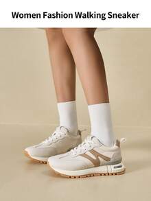 somiliss 1 Paar Damen Lässig Sportschuhe, Schnürung vorne, Leder & Stoff Patchwork, leicht & bequem flache Outdoor Walkingschuhe, geeignet für Pendeln, Yoga, Fitness, Joggen, apricotfarbene Sneaker