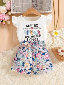 Young Girl Summer Casual Letter Print Top And Shorts - Relaxed Vacation Outfit, School Style - White - View 1
