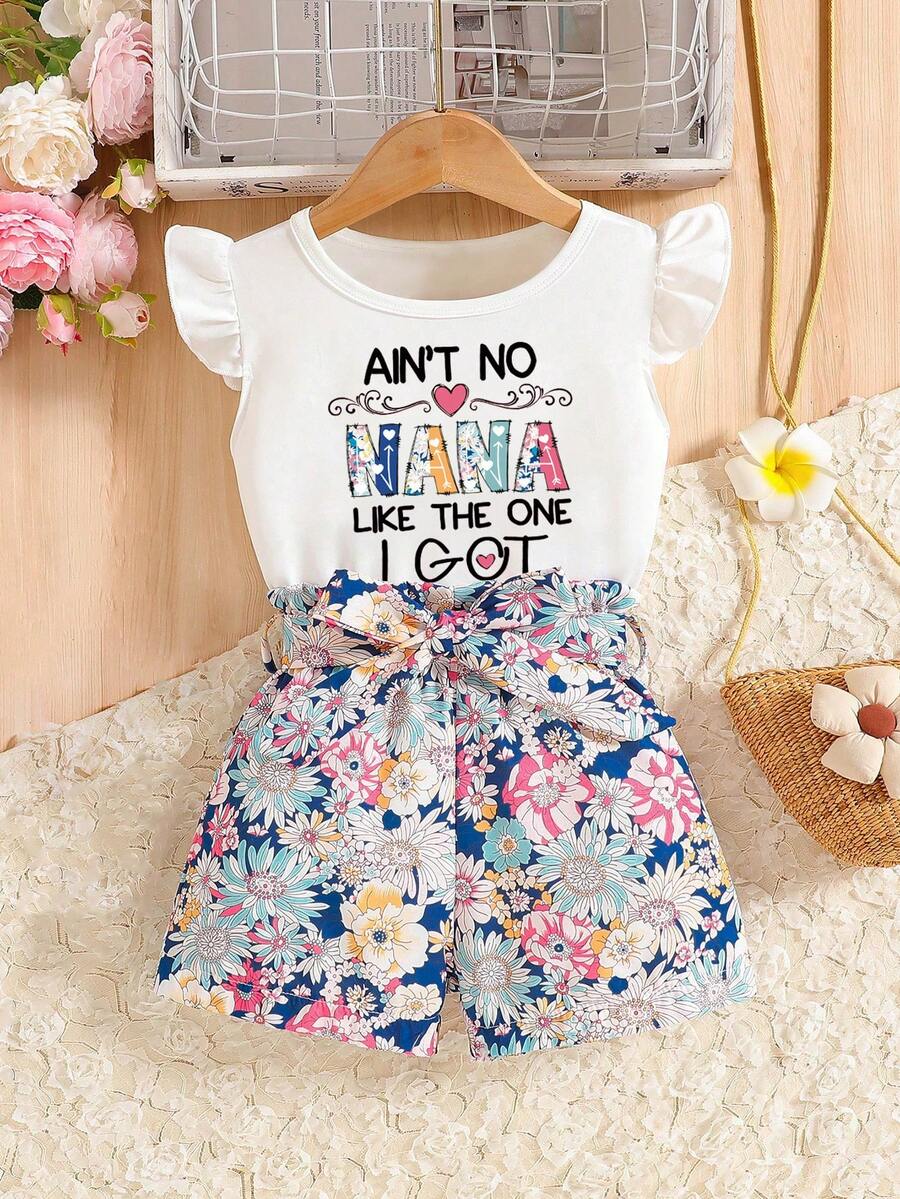Young Girl Summer Casual Letter Print Top And Shorts - Relaxed Vacation Outfit, School Style - White - View 1
