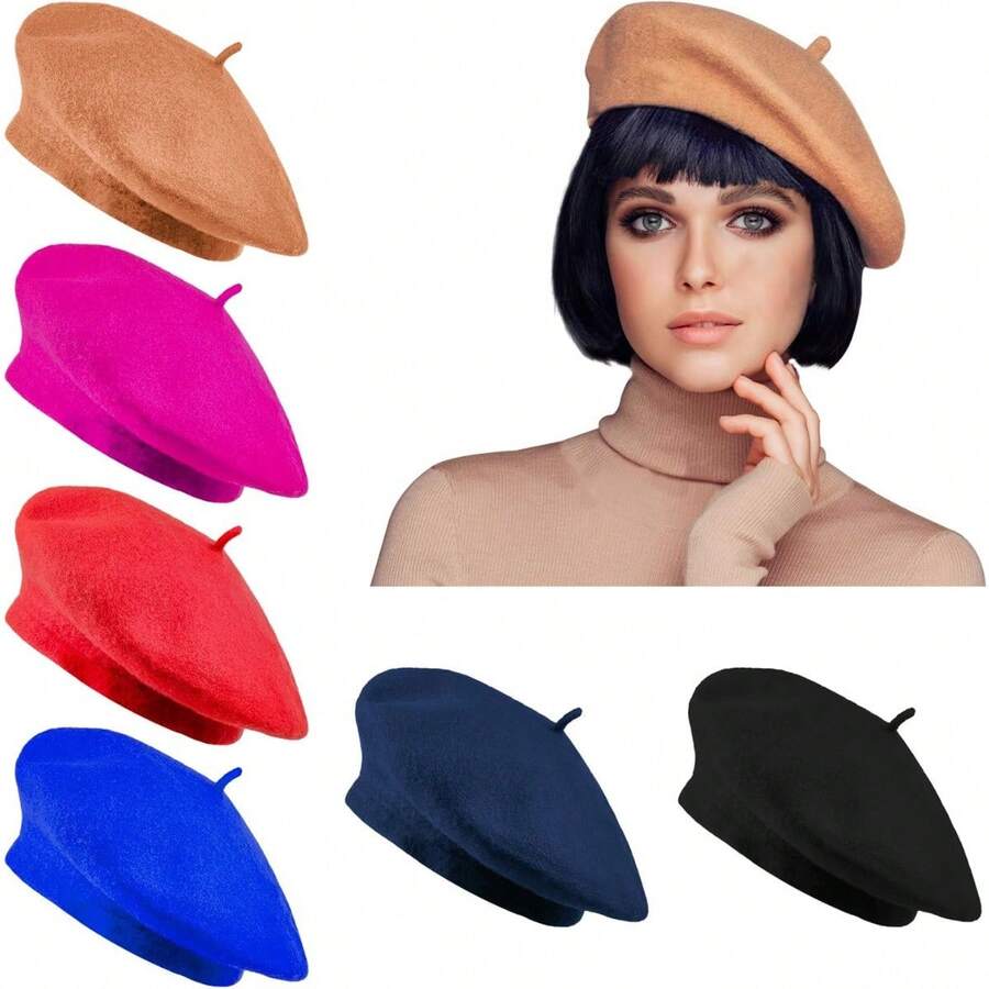 Beret, French Beanie, Outdoor, Winter, Fashion Lady Hat - Black, Camel, Big Red, Royal Blue, Navy Blue, Rose Red - View 1