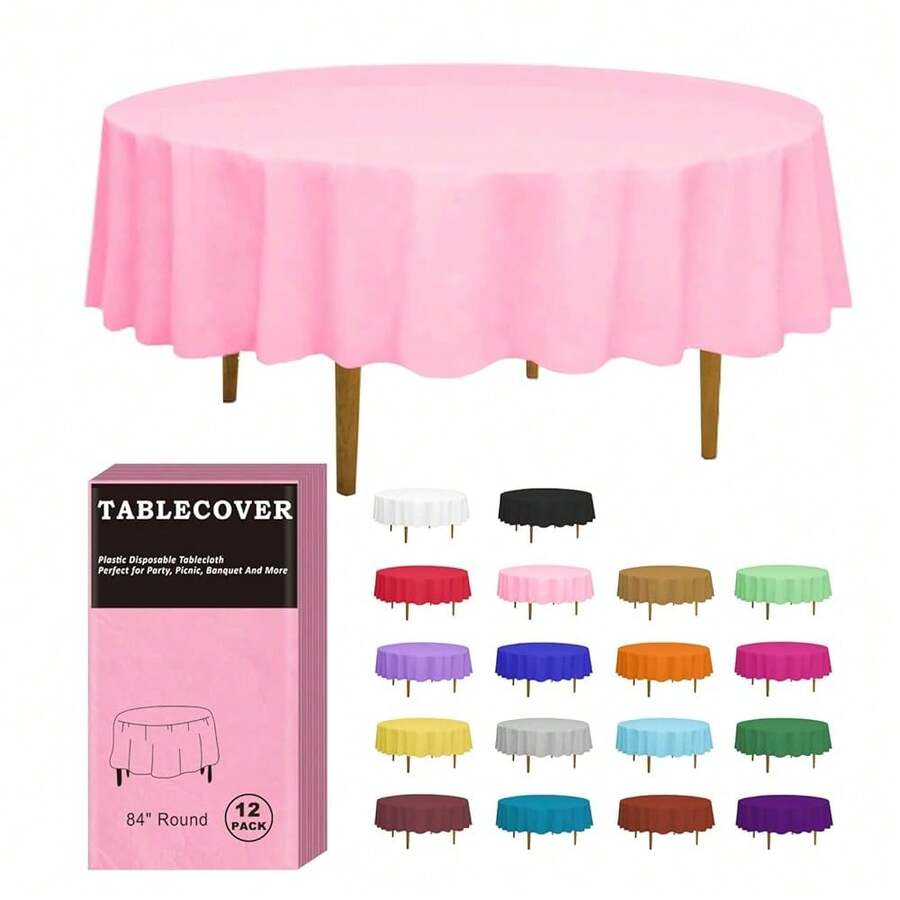 D&Z Plastic Table Cloth Disposable, 12 Pack Pink Round Tablecloth Individually Wrapped For Indoor&Outdoor, 84 Inch Table Cover For Party, Picnic, Birthday, Wedding & Dinner - Berwarna merah muda - View 1