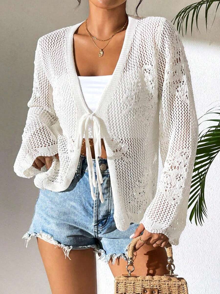 Women's V-Neck Long Sleeve Hollow Tie Ruffle Trim Casual Elegant Cover Up, Suitable For Daily Wear And Vacation, Spring/Summer - White - View 1