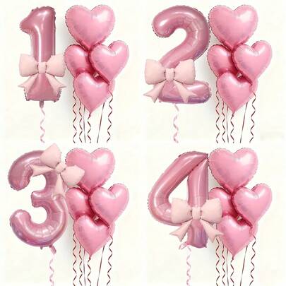 kumozawa 6 piezas Globos con números en color rosa con decoración de corazón y lazo, números del 0 al 9 - Decoraciones de fiesta de cumpleaños en tonos suaves, adecuados para baby shower, 1er/2do/3er/4to/5to/6to cumpleaños, suministros de fiesta, globos con números
