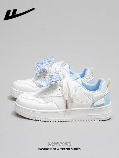  1 Pair WARRIOR Women's Thick Sole Lace-Up Soft Bottom Casual Shoes, Low-Top Outdoor Flat Shoes, Round Toe Low Heel Non-Slip Solid Color Elegant Soft Bottom Hiking Shoes, Suitable For Students, Graduation Photos, Flat Shoes, Low-Top Leather Sports Skateboard Shoes