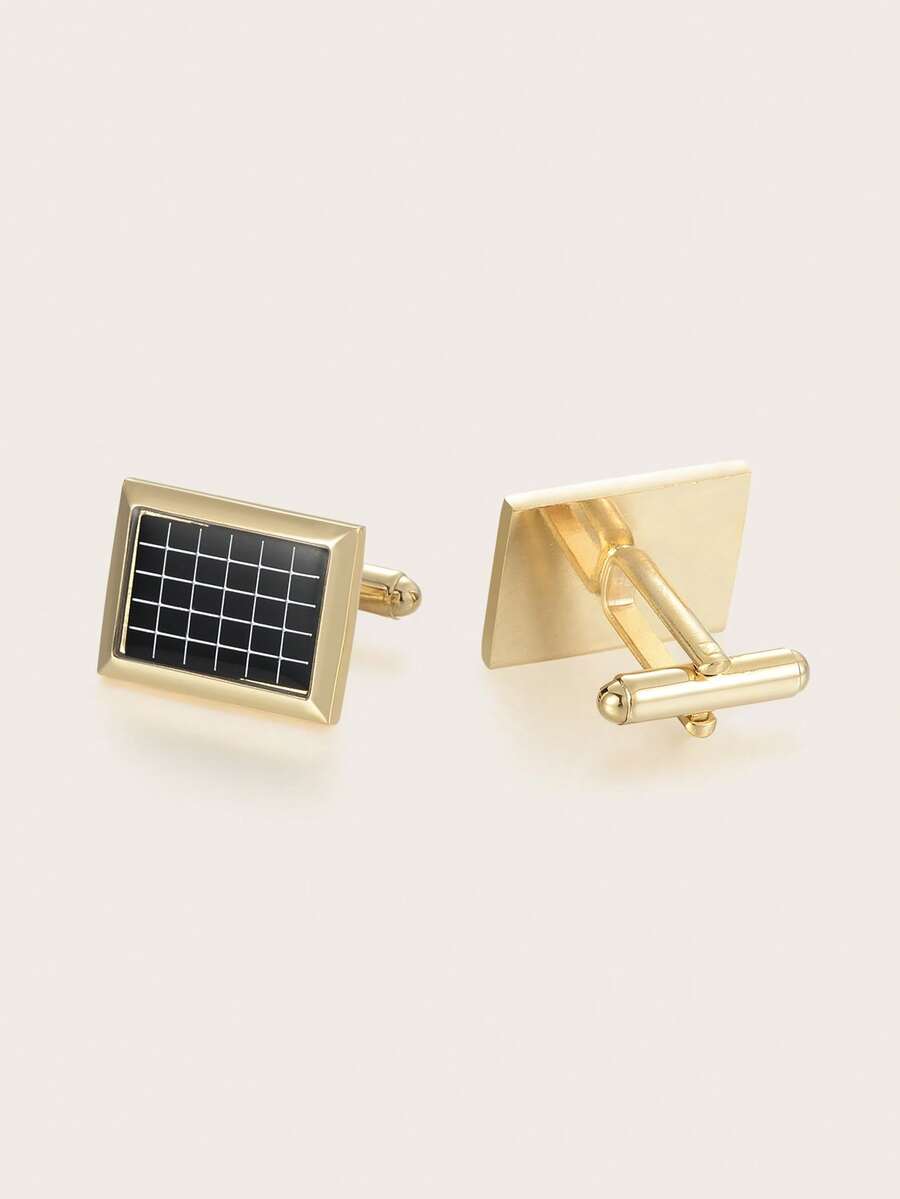 1 Pair Rectangular Gold-Plated Black Checkered Copper Alloy Fashionable Cufflinks For Men, Party & Gathering