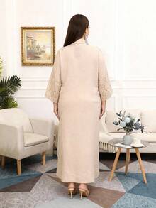 Plus Size Colorful Embroidered Arabic Style Elegant Long Sleeve Dress, Modest Fashion, 2026 New Style Ramadan Traditional - Apricot - View 6
