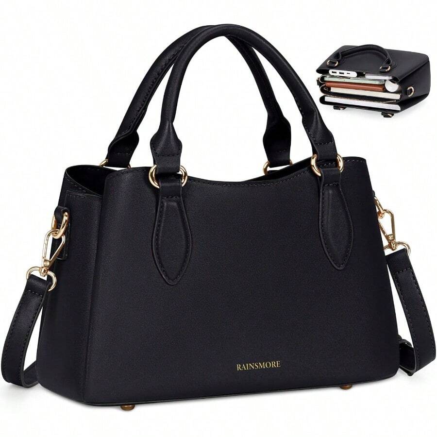 WEWI RAINSMORE Bolsas de Mujer PU Impermeable Bolsa de Mano Bolsa Tote Mujer con Bandolera Ajustable Bolso Crossbody Hombro para Trabajo Casual Citas Negro - como en la foto - Ver 1