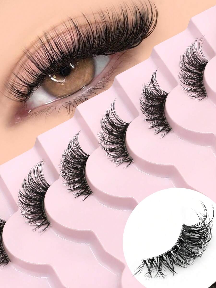 Lasvirey 7 Pairs Half-Eye False Eyelashes Cat Eye Natural Look Short Fox Eye Thin Transparent Dense Cross False Eyelashes For Daily And Party Wear - Black - View 1