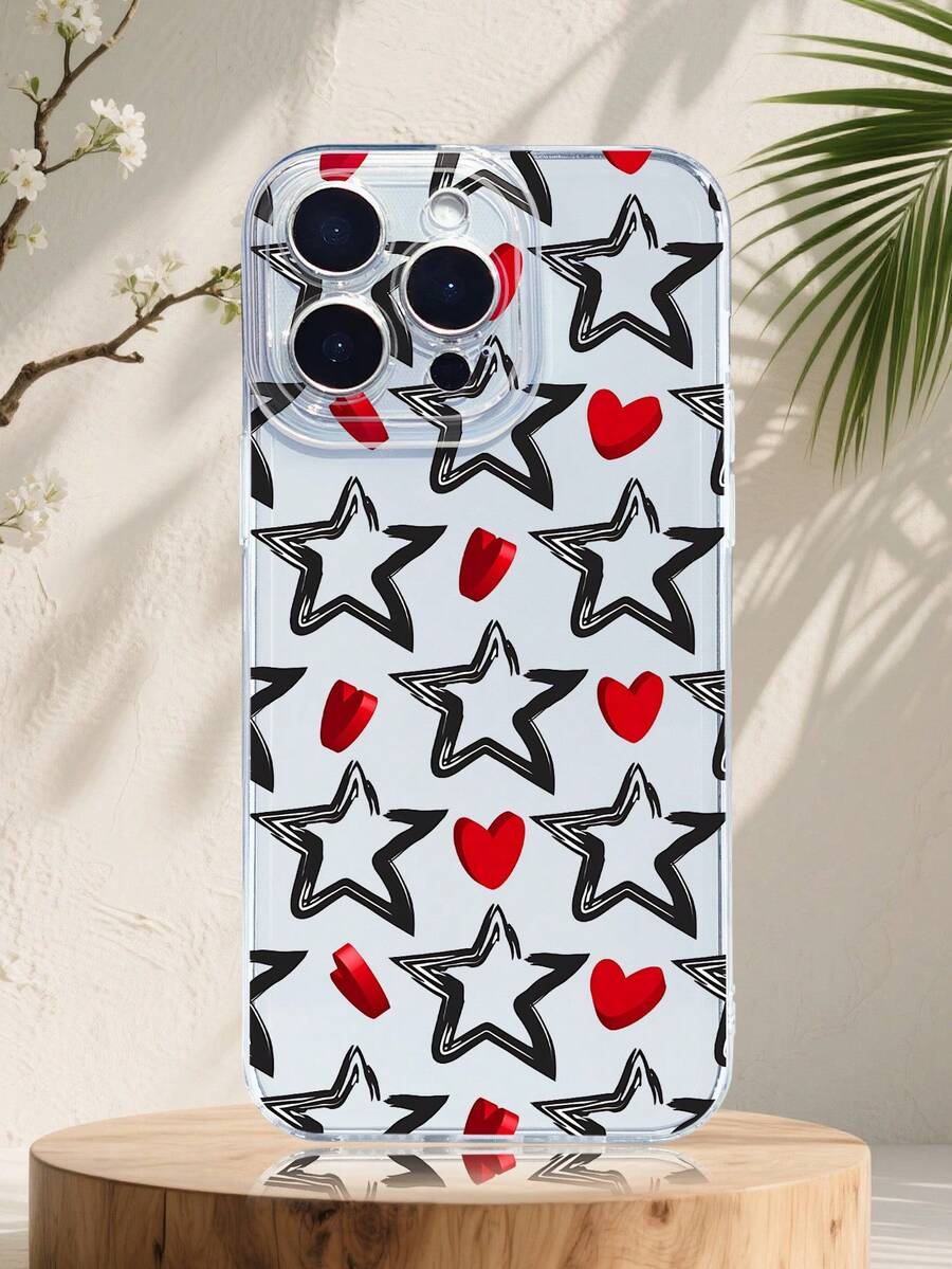 1PC Funda de teléfono con estrellas doradas brillantes sobre fondo rojo diseño festivo y elegante estilo glamoroso ideal para celebraciones TPU transparente protección completa para lente compatible con iPhone17/16/15/14/13/12/11/Pro/ProMax compatible con Galaxy A54/S24 Ultra/Plus compatible con Moto/Galaxy/Redmi/Honor/OPPO - G transparente - Ver 1