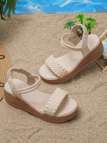 1双女童夏季凉鞋，尺码偏小一码，时尚编织套脚鞋，简约设计，舒适厚底，轻便易携，适合户外穿着 - 香檳色 - 查看 5