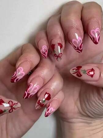 24 st. Alla hjärtans dag-hjärt-, fjärils- och rosmönster press-on-naglar med gelégel och nagelfil, uppgradera din look, lämpliga för högtider, vardagsbruk, skola, kontor, fest