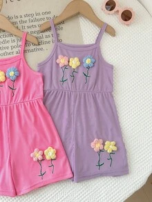 2pcs Girls' Summer Floral Decor Ribbed Knit Jumpsuit, Children Pink & Purple Beach Holiday Loose Romper - Multicolor - View 7
