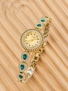 1pc Gold-Tone Luxury Women's Watch With Green Crystal Dial, Elegant Birthday Gift Watch - Gold - View 1
