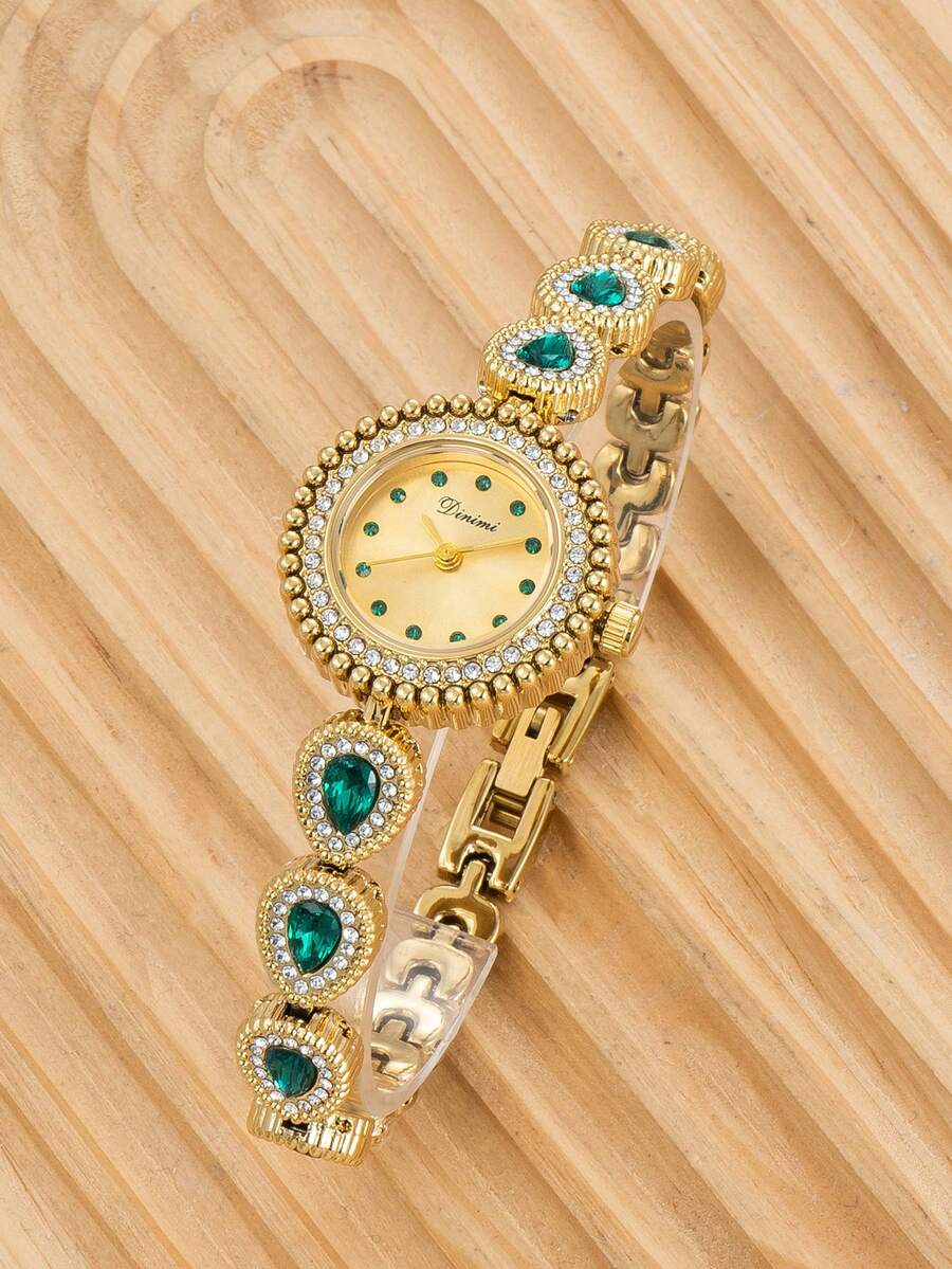 1pc Gold-Tone Luxury Women's Watch With Green Crystal Dial, Elegant Birthday Gift Watch - Gold - View 1