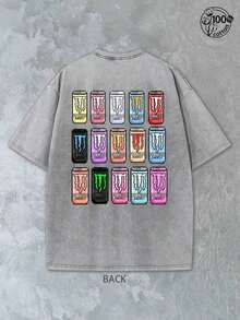 Pixel Style Monster Energy Drink T-Shirt With White Paw Logo And Monster Energy Drink Pattern; Off Road Bike, Motorcycle Monster Energy Sports Top, Fox Racing Monster Energy Clothing, Men's Casual Sports T-Shirt, Racing Enthusiasts, 230G Washed Cotton Double-Sided Printed T-Shirt, Pixel Style, Y2k Clothes, Perfect Gift, Comfortable Washed Cotton T-Shirt - 灰色 - 查看 3