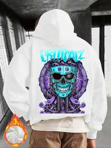 Men's Cyber Gothic Graphic Hooded Sweatshirt - Neon Blue & Purple Tech Lettering Loose Fit Long Sleeve Pullover With Skull & Circuit Board Print Fleece Lining For Winter Casual Streetwear For Gaming & Night Out - Cyberpunk Style Sweater Relaxed Fit With Drawstring Hood Hand Washable AutumnWinter Wear Bold Mechanical & Edgy Designhoodies For Men Black Hoodie For Women Men's Hoodie - 白色 - 查看 7