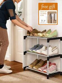 三层多功能鞋架，内置鞋带收纳器，坚固耐用，节省空间，适用于运动鞋、高跟鞋、拖鞋、平底鞋、踝靴 | 多功能包包展示架和鞋子收纳整理架 | 设计优雅，适用于玄关、宿舍、卧室、客厅、衣橱、公寓 + 附赠 1 个随机塑料挂钩 - 彩色 - 查看 5
