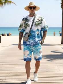 Men's Summer Vacation Style Short Sleeve T-Shirt And Shorts Set - Multicolor - View 3