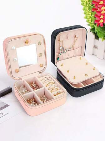 1pc Travel Jewelry Box, Small PU Leather Jewelry Storage Box With Mirror, Jewelry Organizer For Women, Compact Jewelry Box For Earrings, Necklaces, Rings, Travel Essentials, Bridesmaid Gift, Mother's Day Gift, Easter Gift