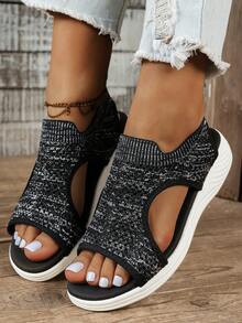 New Casual Plus Size Women Sports Sandals, Lightweight Slip-On Comfortable Fashion Mesh Breathable Flat Beach Sandals, Thick Sole Platform Wedge Shoes, Stylish Holiday Shoes (Run Small Size) - Black and White Flowers - View 2