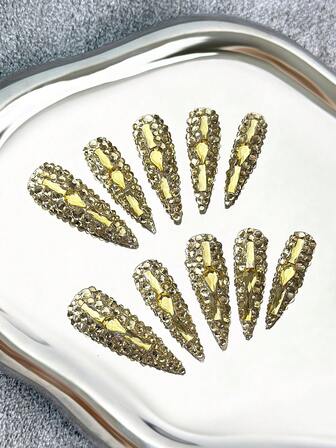 Uñas postizas de estilo Y2K de 45 mm con puntas transparentes, rhinestones amarillos y diseños 3D brillantes de cobertura total - Uñas artificiales de purpurina DIY de cobertura completa, uñas postizas para fiestas, exteriores, playa, diario, vacaciones, reuniones, trabajo y eventos especiales - 10 piezas/bolsa