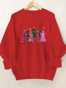 Sudadera de Cuello Redondo Talla Grande con Estampado de Árbol de Navidad Colorido. - Rojo - Ver 1