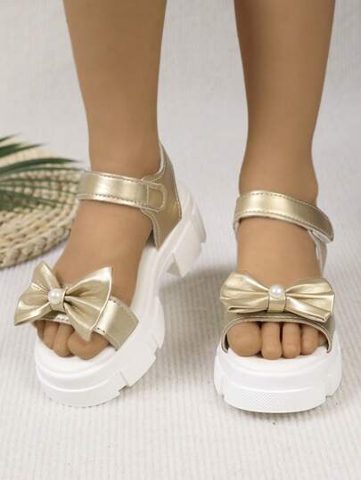 1 Pair Gold Bowknot Pearl Thick-Sole Sandals With Bowknot & Pearl Decor