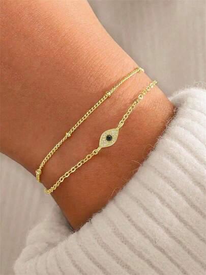 Nooxian 2pcs/Set Fashionable Personalized Gold Micro-Inlaid Zirconia Devil's Eye Beaded Chain Layered Women Bracelet (Beads Quantity Random)