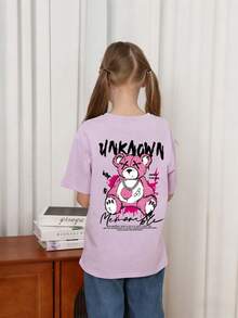 Tween Girls Casual Funny Printed Crew Neck Short Sleeve T-Shirt Tops, Summer - Purple - View 2